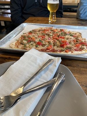 Red pepper sausage vegan pizza at Saucy Brew Works in Shaker Heights