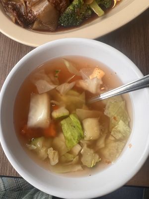 Vegetable soup served with the lunch orders of dishes (I added chili sambal)    at Thai Elephant of Morro Bay in Morro Bay