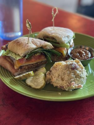 Veggie burger with potato salad  at Bouldin Creek Cafe in Austin