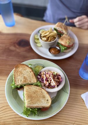 Veggie Royal Burger w/ chips + Wanna-BLT w/ sesame slaw  at Bouldin Creek Cafe in Austin
