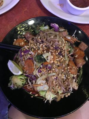 South Austin Stir Fry (rice noodles, vegan) added tofu for $2.  Sooooo good 💖💖 came with chop sticks!!!  at Bouldin Creek Cafe in Austin