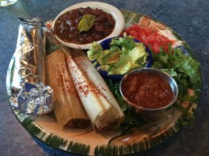 Farmer's plate with 2 tamales at Bouldin Creek Cafe in Austin