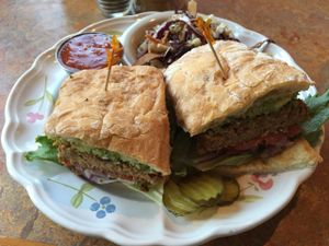 Veggie Royale (veggie burger) with slaw at Bouldin Creek Cafe in Austin
