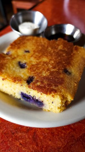 Blueberry Cornbread. Served with Dairy-Free Nutter & Maple Syrup at Bouldin Creek Cafe in Austin