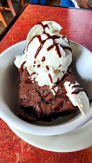 Double Chocolate Brownie w/ Dairy-Free Vanilla Ice Cream (Luv Fats) at Bouldin Creek Cafe in Austin