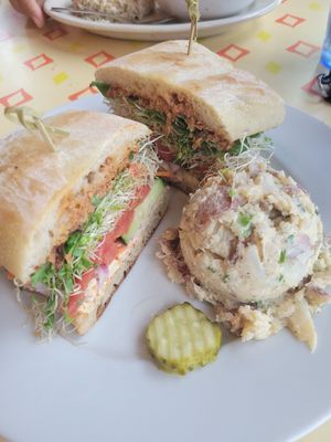 Kool Hummus Sandwich (added fakon) and potato salad at Bouldin Creek Cafe in Austin
