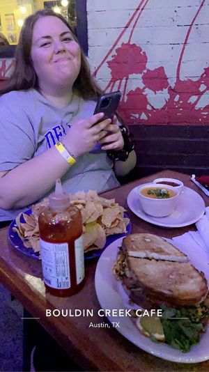 Sandwich with my nonvegan friend who had chips and queso  at Bouldin Creek Cafe in Austin