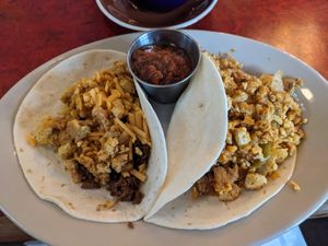 Chorizo breakfast taco and Ren taco (both vegan) at Bouldin Creek Cafe in Austin