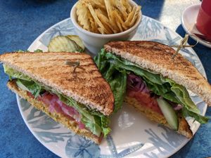 Chickpea “Chick’n” Salad Sandwich, with chips (vegan) at Bouldin Creek Cafe in Austin