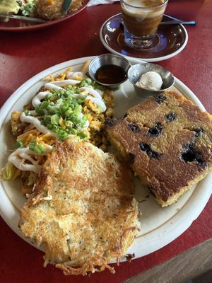 Potato leek vegan omelette, blueberry cornbread (OMG YUM) and potato hash cake 👌🏼   at Bouldin Creek Cafe in Austin