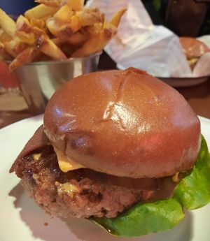 Smokey vegan burger with cheese and bacon plus rosemary fries (twice cooked, we think - crispy!) at Patty & Bun in Brighton