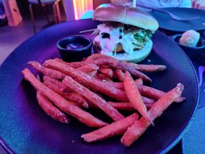 Awesome burger and perfect sweet potato fries with coffee mayo! at Guakame Street Food in Valencia