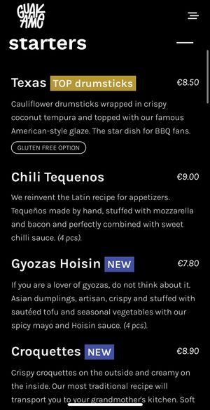 Menu - Starters   at Guakame Street Food in Valencia