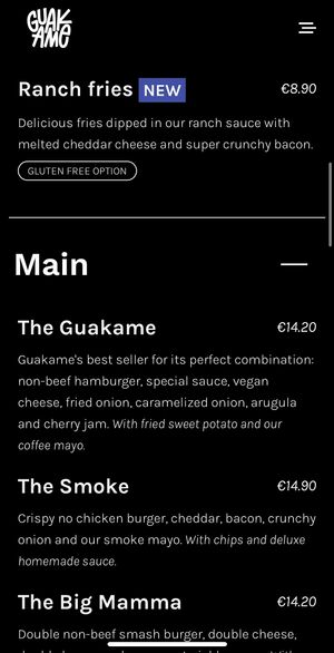 Menu - Starters / Mains   at Guakame Street Food in Valencia