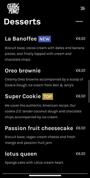 Menu - Desserts   at Guakame Street Food in Valencia