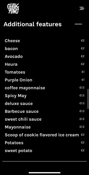 Menu - Add ons   at Guakame Street Food in Valencia