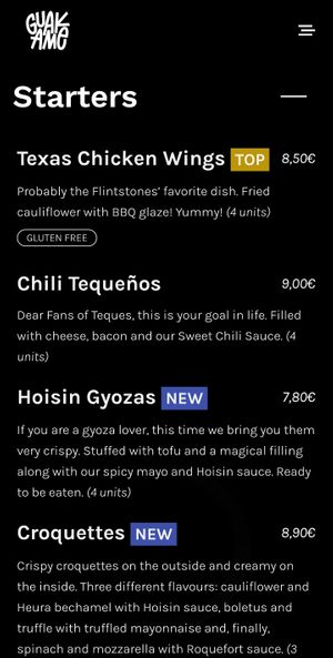 Menu at Guakame Street Food in Valencia