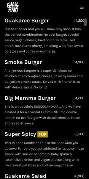 Menu at Guakame Street Food in Valencia