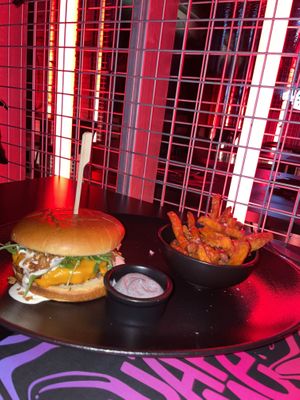 Guakame burger with sweet potato fries  at Guakame Street Food in Valencia