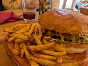 Burger and fries at Sunset in Alp