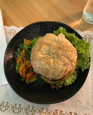 vegan chickpea burger at Nudie Foodie in Athens