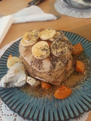 Vegan banana oat pancakes at Nudie Foodie in Athens