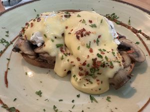 Mushroom eggs benedict.  at Nudie Foodie in Athens