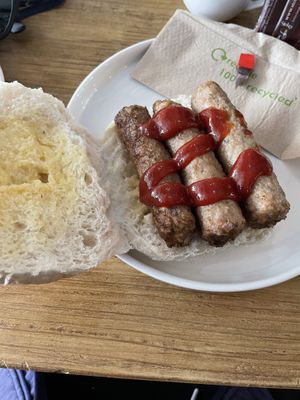 Breakfast sausage bap- LM sausages at Scoff's Coffee House in Coleford