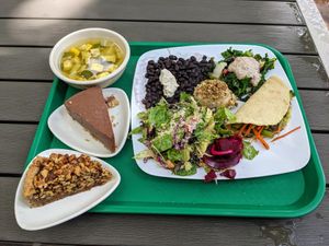 Taco Sunday (lunch) with pecan and chocolate pie.   at Casa de Luz in Austin