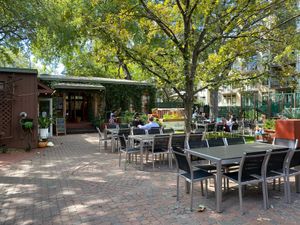 Lots of outdoor shaded seating at Casa de Luz in Austin