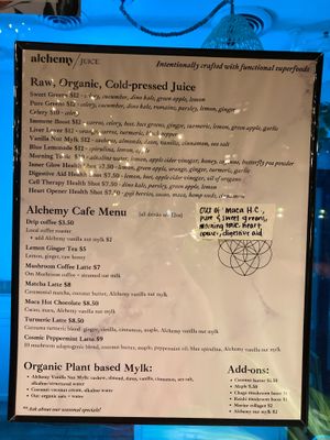 Alchemy Juice Bar menu at Casa de Luz in Austin