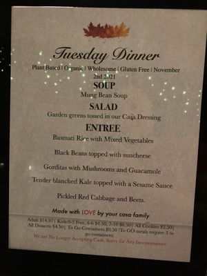 Dinner menu at Casa de Luz in Austin