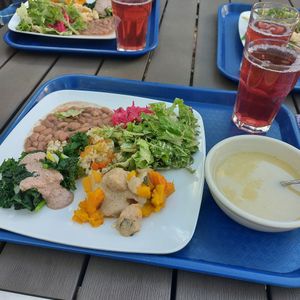 Beans, kale, pumpkin, salad, rice, soup and unsweetened tea at Casa de Luz in Austin