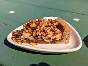 Walnut pie with orange and dates. at Casa de Luz in Austin