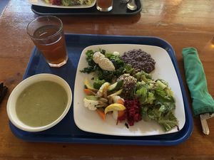 Soup, iced tea, and platter with grains/legumes/salad/veggies  at Casa de Luz in Austin