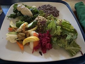 The sauces on the greens and steamed veggies were sooooo good  at Casa de Luz in Austin