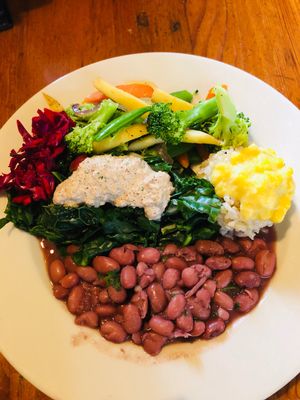 Greens, Grains, Beans, Veggies & Pickled Cabbage...YUMM!!! at Casa de Luz in Austin