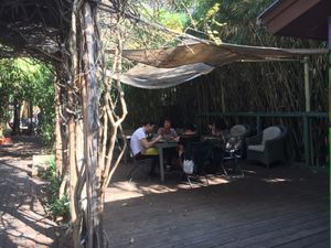 This gives an idea of the outdoor seating at Casa de Luz in Austin