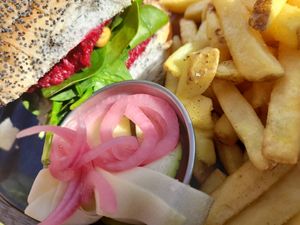 Beetroot, hummus and crunchy chickpea sandwich (October 2023) at Radcliffes Cafe Bar in Morpeth