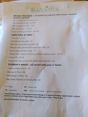 Menu page 2 (March 2024) at Radcliffes Cafe Bar in Morpeth