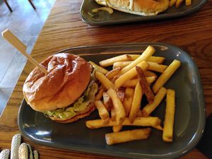 Burger and chips (March 2024) at Radcliffes Cafe Bar in Morpeth
