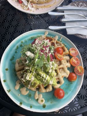 Chia waffles with beetroot hummus and avo   at Leafwild Café in West London