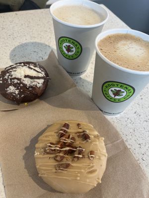 Maple walnut and chocolate mocha donuts with coffees    at Jaide & Joel's Baking Co. in Kelowna