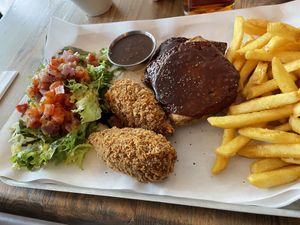 Biff’s jackfruit “wings” and vegan “ribs” with rosemary fries and salad at Dog & Partridge in Bury St Edmunds