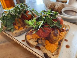 Open sandwich with red pepper hummus and sweet potato “kofta" at Dog & Partridge in Bury St Edmunds