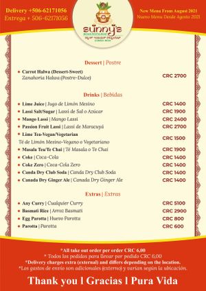 Menu at Sunny's Indian Restaurant in La Fortuna