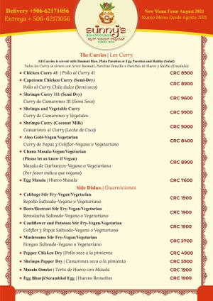 Menu at Sunny's Indian Restaurant in La Fortuna