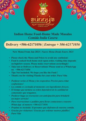 New Menu-Jan 2023 
Page 1 at Sunny's Indian Restaurant in La Fortuna