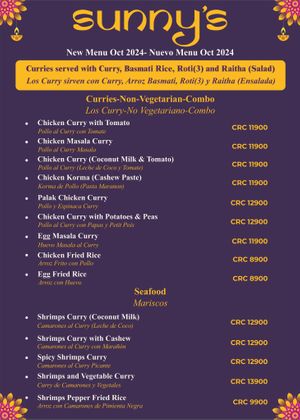 New Menu Oct 2024-Page 2 at Sunny's Indian Restaurant in La Fortuna