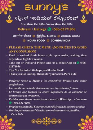 New Menu Oct 2024-Page 1 at Sunny's Indian Restaurant in La Fortuna